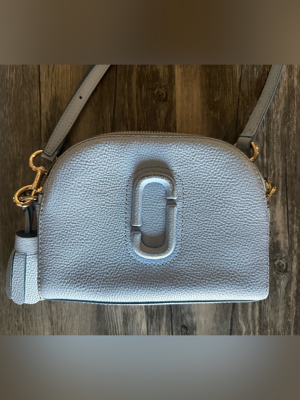 Light Blue Pebbled Leather Crossbody Bag with Gold Hardware